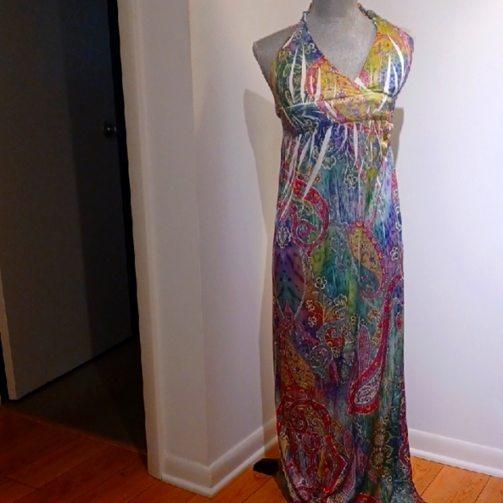 Ocean Blue Maxi  Ladies Halter Dress Paisley Sundress Beach Resort EUC Small